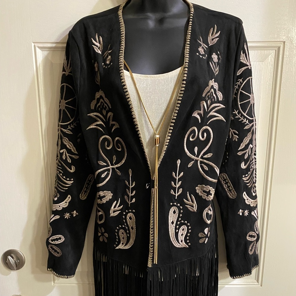 Vocal Embroidered Faux Suede Jacket With Fringe Black Listing For Jacket